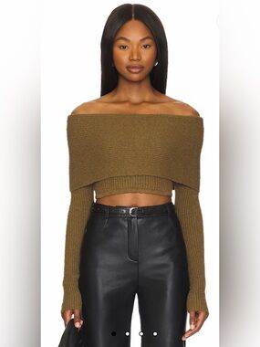 Camila Coelho Olive Off-Shoulder Cropped Sweater